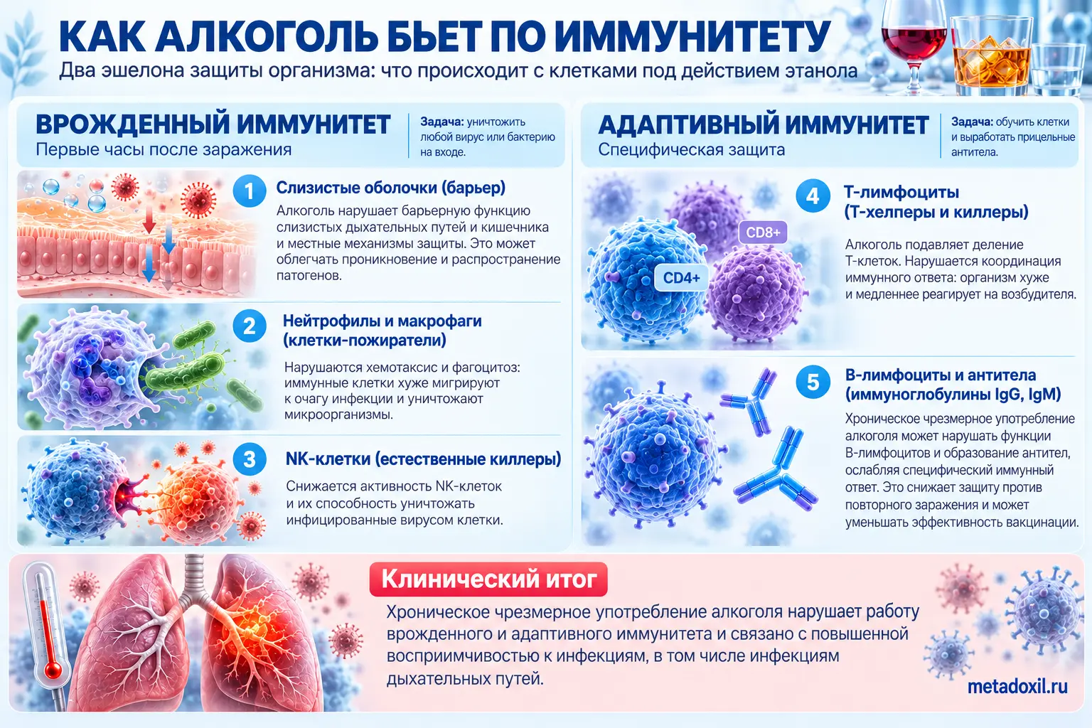 Инфографика: как алкоголь влияет на иммунитет — подавление врожденного и адаптивного иммунитета